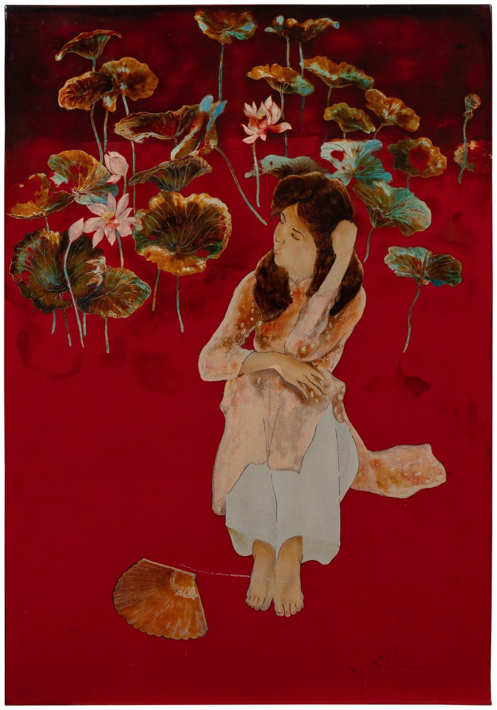Artwork by Nguyen Siên, Lady by the lotus pond, Made of lacquer on wood