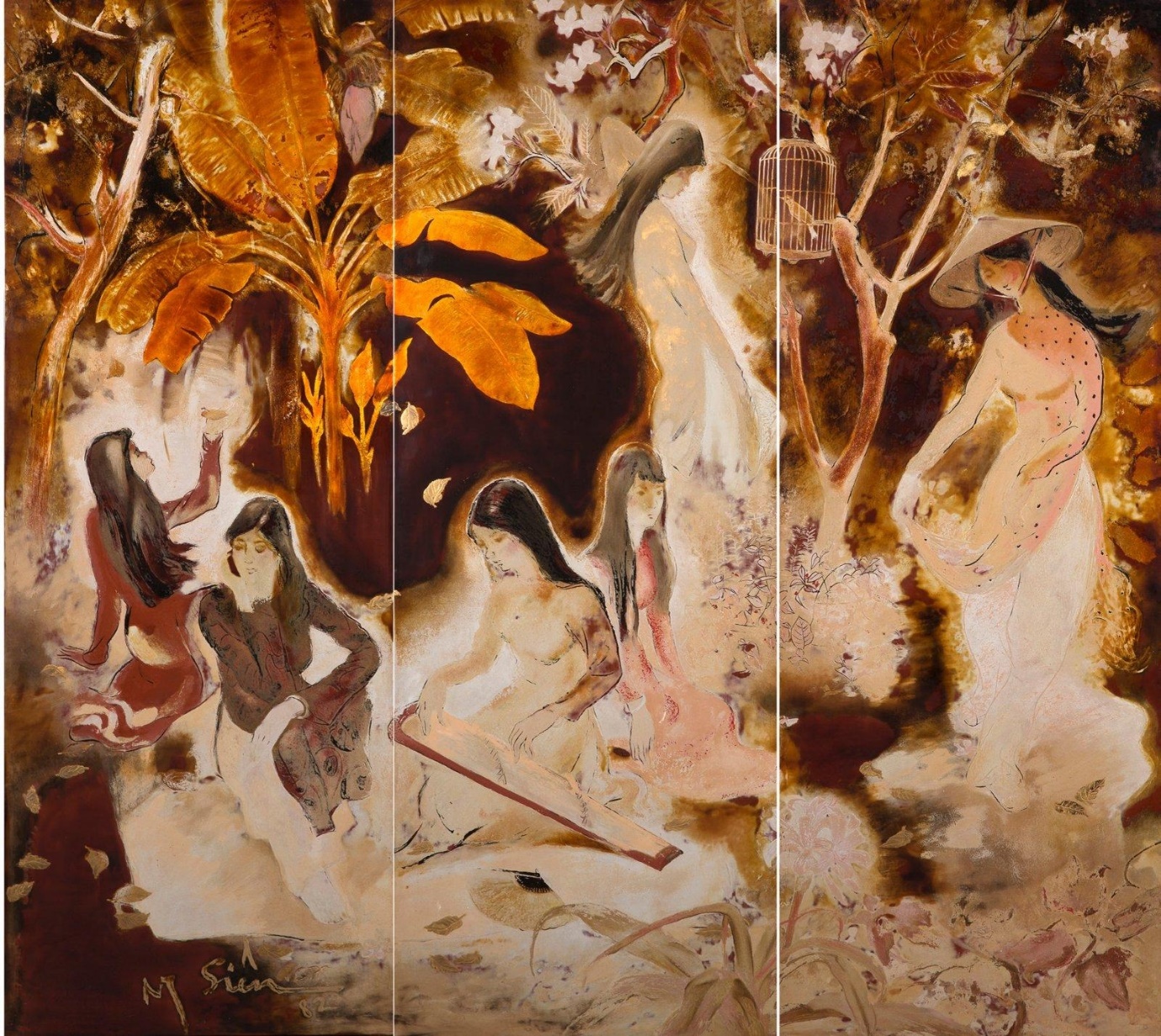 Artwork by Nguyen Siên, Jeunes filles au jardin, Made of Lacquer, triptych