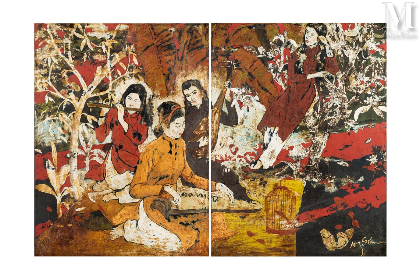 Artwork by Nguyen Siên, Diptych Femmes musiciennes, Made of lacquered wood panels